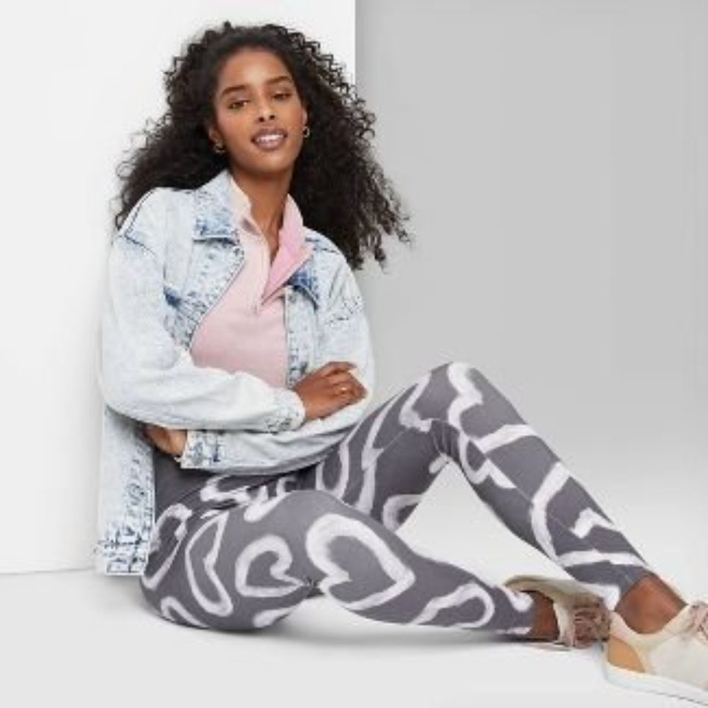 Women's High-Waisted Classic Leggings - Wild Fable Gray Hearts Various Sizes